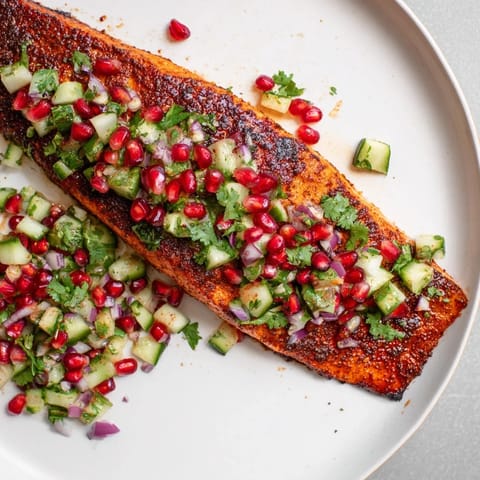 Perfectly cooked Cajun Spiced Salmon, flaky and seasoned, served with a zesty, fresh pomegranate salsa.