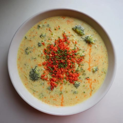 A hearty bowl of broccoli cheddar soup, topped with a vibrant chili crunch for added flavor.