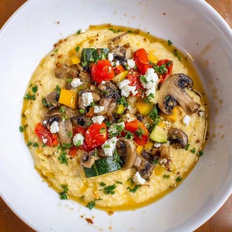 A warm bowl of Cornmeal Mush Polenta Bowls, garnished with fresh herbs and a drizzle of olive oil.