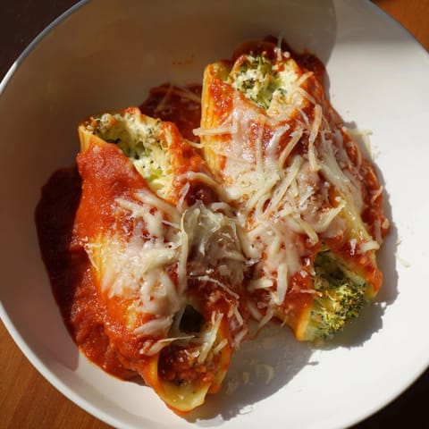 A close-up of steaming Cozy Broccoli Stuffed Manicotti, perfect Italian comfort food ready to serve.
