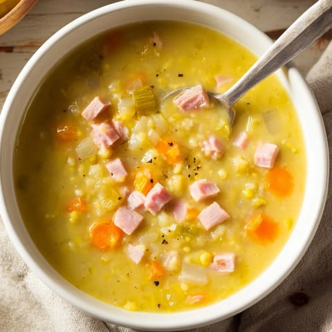 A close-up of the flavorful Split Pea and Ham Soup, with visible chunks of ham and tender vegetables.