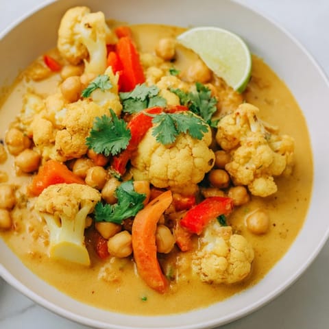 A photo of rich, golden Curried Cauliflower and Chickpea Coconut Stew with a creamy coconut broth.
