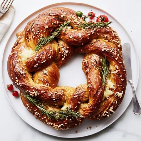 A close-up view of the baked Budget Holiday Pretzel Wreath, ready to be adorned with Rosemary.