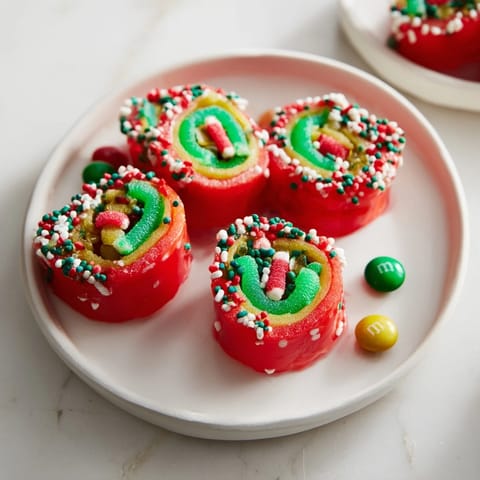 Festive Easy Christmas Fruit Rollup Sushi rolls: sweet, chewy, and fun dessert, perfect for the holidays.