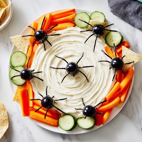 A close-up shot of the Creepy Crawly Spiderweb Platter featuring black olive spiders and fresh veggies.