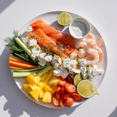 Wave Rider Surfer Snack Board featuring smoked salmon, vibrant fruits, and refreshing dips, ready to serve.