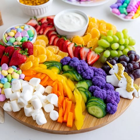This vibrant Magical Unicorn Rainbow Snack Board offers a delightful array of healthy and sweet snack options.