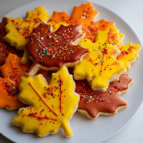 A close-up of finished maple leaf cookies, showing various icing designs and festive sprinkles.