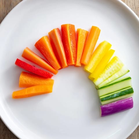 Crisp Rainbow Arch Veggie Sticks, featuring colorful bell peppers with fresh cucumber, ready to be dipped.