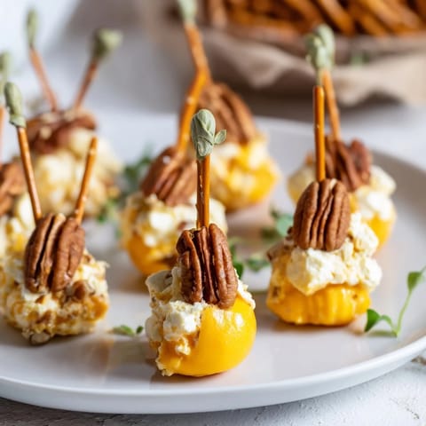 Enjoy these flavorful acorn cheese ball bites, a festive appetizer perfect for a party spread.