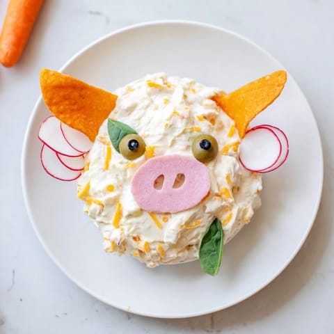 Creamy, homemade Piggy Face Dip bowl artfully decorated for kids, with crisp vegetable dippers.
