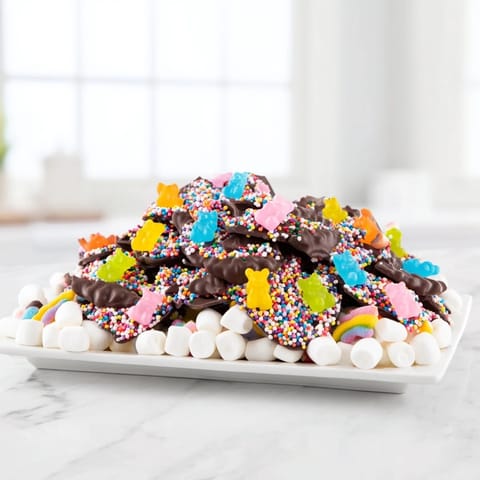 Colorful gummy bears and crushed candy canes scattered atop a smooth layer of white chocolate.