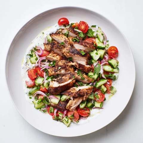 This Chicken Shawarma Salad photo shows juicy chicken drizzled with creamy tahini dressing over fresh salad.