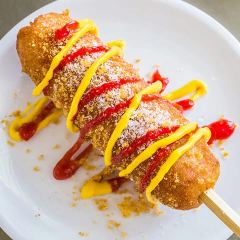 Enjoy perfectly fried Korean-inspired corn dogs, a delicious street food treat with sweet batter.