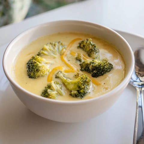 Golden bits of roasted broccoli blend into a thick Broccoli Cheddar Soup, ready to serve.
