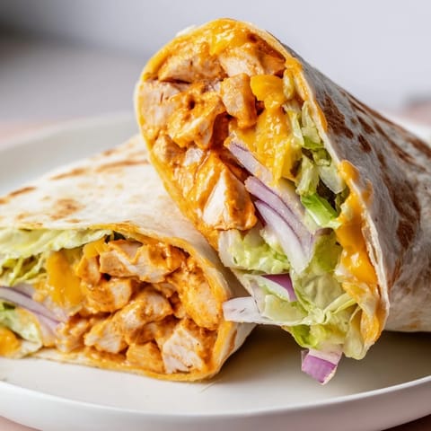 A close-up of a perfectly rolled Buffalo Ranch Chicken Wrap, showcasing the creamy filling inside with ease.