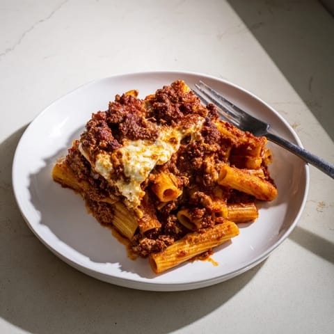 A steaming pan of Freezer Make-Ahead Baked Ziti topped with golden cheese, perfect for a comforting family dinner.  
