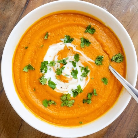 Vibrant orange Carrot and Lentil Soup with warm spices, steaming beside crusty bread on a wooden table.  