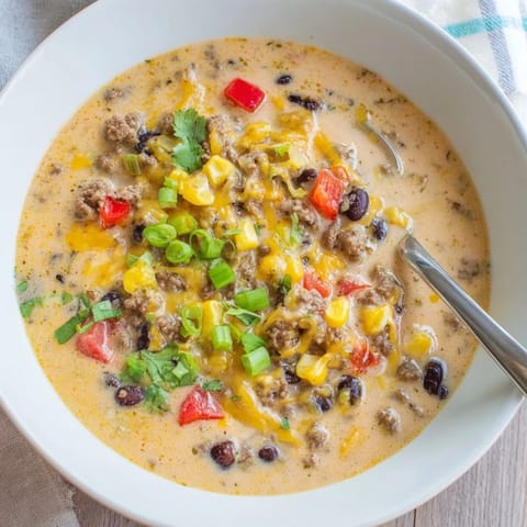 A hearty ladle of Creamy Taco Soup reveals ground beef, black beans, and corn in a rich, golden broth.  