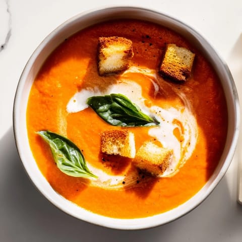 Golden roasted tomatoes and caramelized onions blend into a velvety, creamy roasted tomato soup topped with fresh basil garnish.