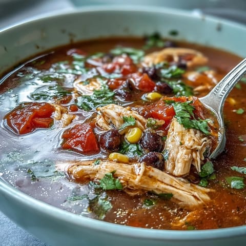 Colorful Southwestern Turkey Soup bowl, topped with fresh cilantro and lime.