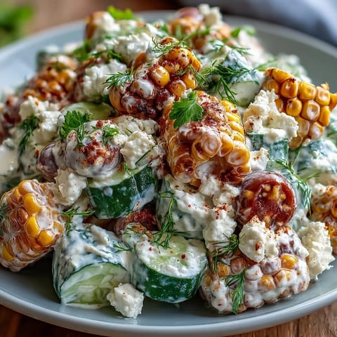 Summer Street Corn Creamy Cucumber Salad topped with feta and cilantro, served alongside tortilla chips.  