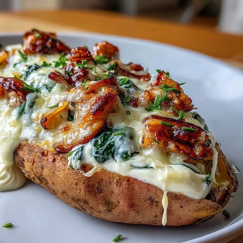 A close-up of Creamy Mushroom and Spinach Stuffed Sweet Potatoes, garnished with fresh herbs, perfect for a cozy vegetarian dinner.  