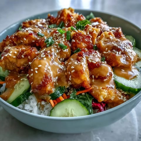 A close-up of a vibrant Bang Bang Chicken Bowl with fluffy rice, juicy chicken, crunchy veggies, and a drizzle of creamy, spicy sauce.