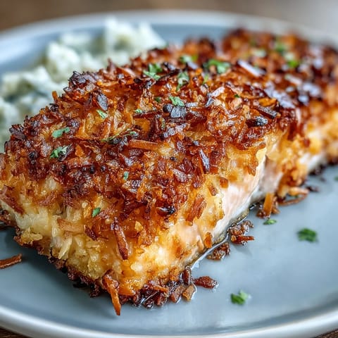 Four servings of golden-brown coconut crusted salmon with fresh pineapple salsa on a rustic white plate.