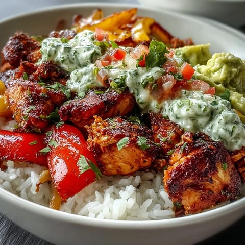 Sheet Pan Chicken Tinga Bowl with smoky chipotle chicken, colorful peppers, and fresh avocado salsa.