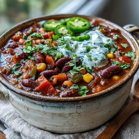 A warm bowl of Black-Eyed Pea Chili topped with shredded cheese, jalapeños, and fresh green onions.