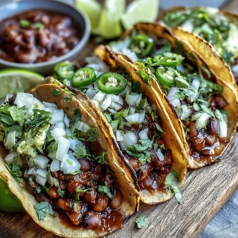 Warm black-eyed pea tacos topped with fresh cilantro, diced onion, and lime wedges on a rustic plate.