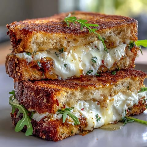 Close-up of melted chèvre and cream cheese oozing from Goat Cheese Grilled Cheese with Honey & Chili Flakes, with chili flakes speckling the buttery crust.  