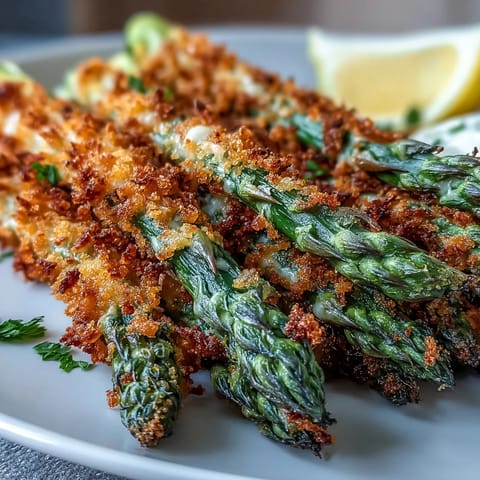 Golden-baked Crispy Asparagus Asiago Spears on a platter with lemon wedges and fresh parsley garnish, ready to serve.
