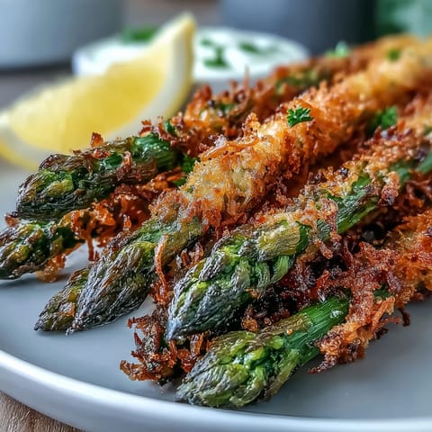 Fresh Crispy Asparagus Asiago Spears arranged neatly on parchment, highlighting the crunchy panko and Asiago coating for a vegetarian appetizer.