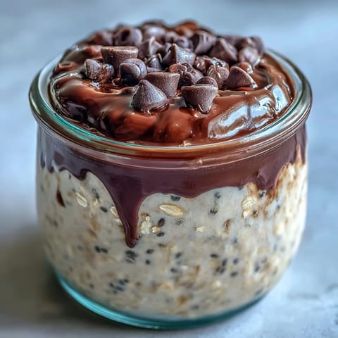 A jar of Peanut Butter Cup Overnight Oats topped with mini chocolate chips.