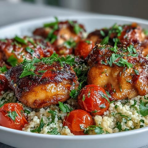 Tender One-Pan Garlic Butter Chicken nestled beside lemony couscous, steam rising from the savory, buttery pan.