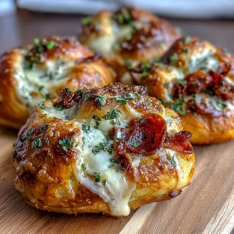 Twisted Pizza Roll Stuffed Garlic Knots on parchment with melted cheese oozing from the sides.