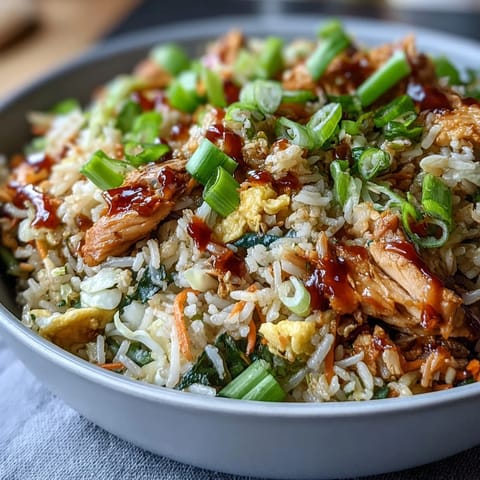 Steam rises from a plate of Egg Roll Fried Rice with Chicken, garnished with fresh green onions.