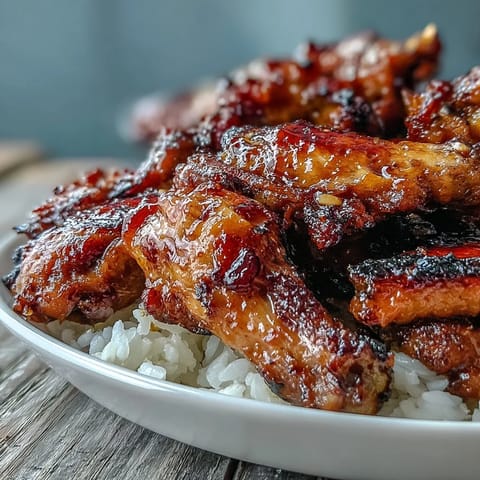 Golden-baked honey garlic chicken wings rest on fluffy buttery rice, garnished with fresh parsley on a rustic plate.