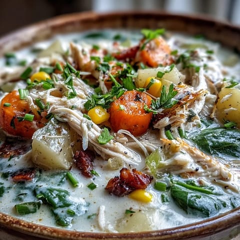Tender shredded ranch chicken and colorful vegetables simmer in a hearty broth, with corn, potatoes, and spinach in a cozy pot.