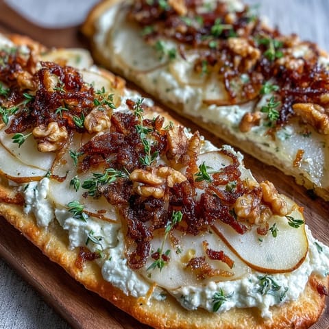 Slice of warm Goat Cheese & Pear Flatbread topped with caramelized onions and crunchy walnuts on a marble board.