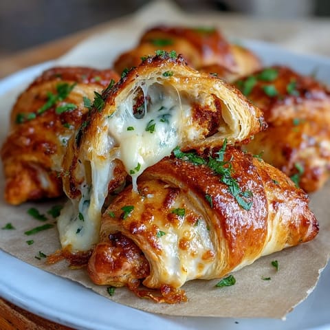 Freshly baked Decadent Chicken Pillows with Garlic Parmesan Sauce rest golden brown and puffed on a rustic wooden board.