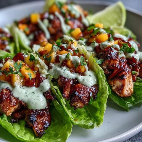Spicy jerk-seasoned chicken nestled in crisp butter lettuce cups topped with vibrant mango salsa and creamy drizzle.