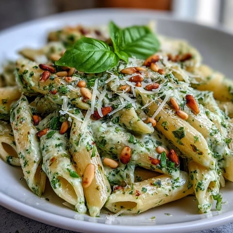 Creamy Cream Cheese Pesto Pasta tossed with penne, fresh basil, and toasted pine nuts.