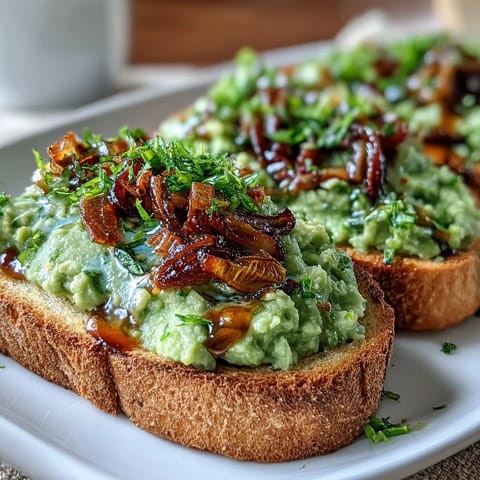 Rustic slices of toast are topped with chunky avocado, a sprinkle of chili flakes, and crunchy fried shallots, creating a zesty bite.