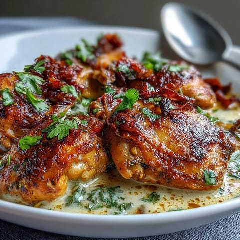 Tender yogurt-marinated chicken thighs bake in a rich, bubbling turmeric and ginger sauce, ready to serve over fluffy basmati rice.