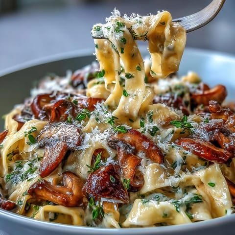Overhead view of One-Pot Creamy Mushroom Pasta with Thyme, garnished with fresh thyme sprigs and grated Parmesan, steaming alongside a glass of white wine.