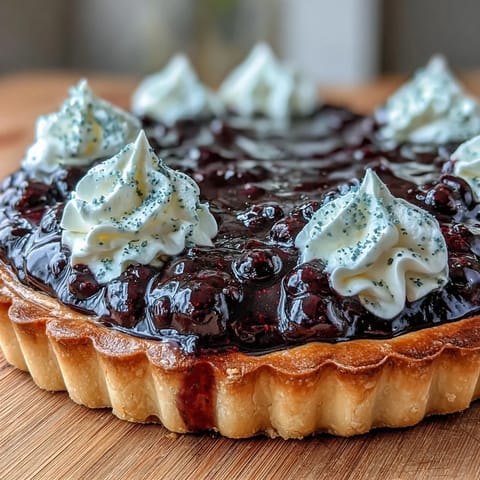 Close-up of a perfectly sliced Black Currant Tart showing the vibrant purple curd filling and a dollop of whipped cream.