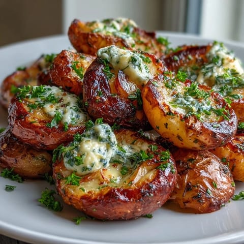 A close-up of crispy smashed garlic & herb potatoes on a plate, ready to be served with dinner. 
